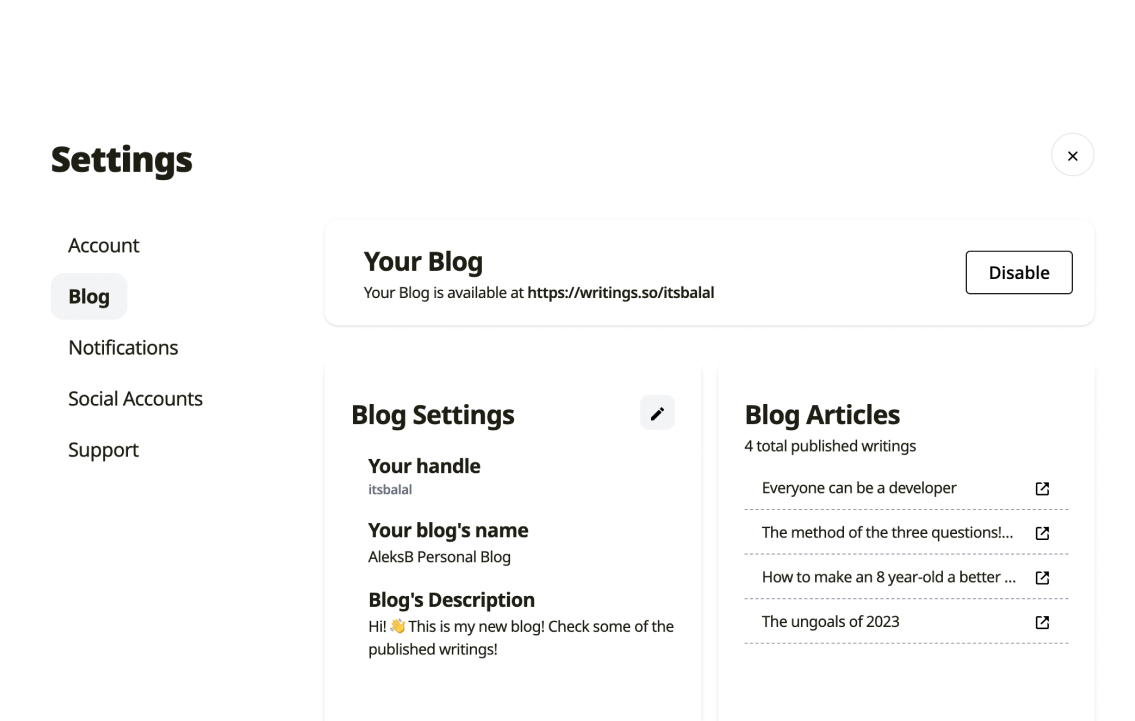 Blog settings dashboard